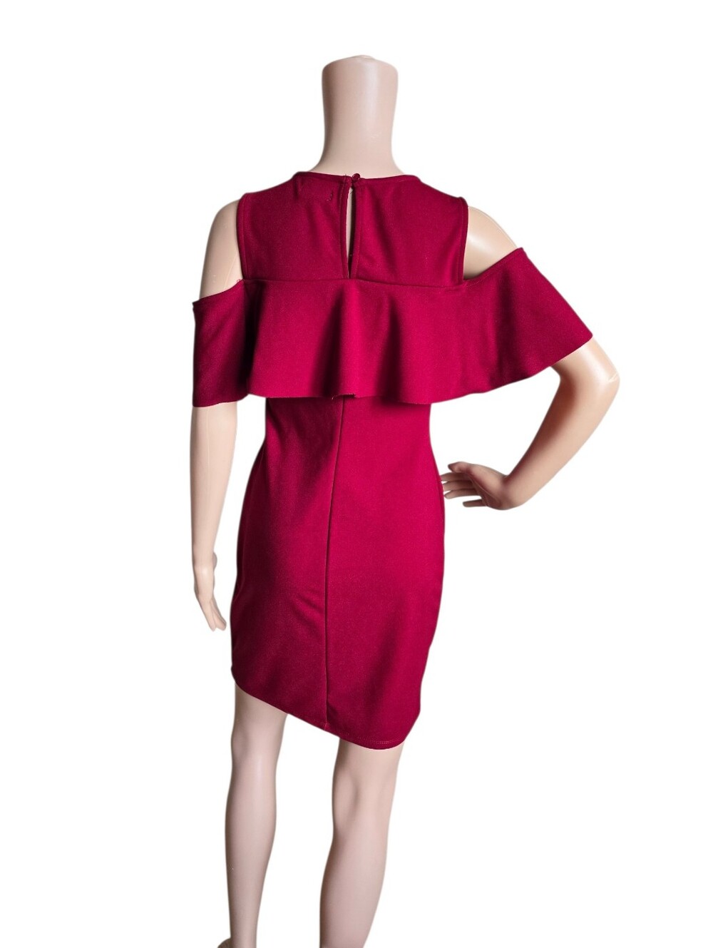 Cold-Shoulder Ruffle Sheath Dress in Deep Red - Picture 8 of 16